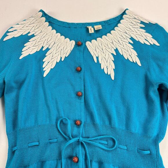 Anthropologie MOTH Wisteria Cardigan Sweater Teal Blue White Lace Trim Size M - Picture 8 of 11